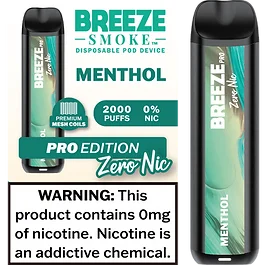 Breeze Pro Zero Nicotine Menthol Flavor - Disposable Vape
