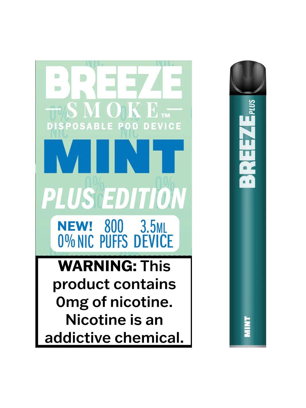 3 Pack Breeze Plus Zero Nicotine Disposable Vape 800 Puffs - Mint